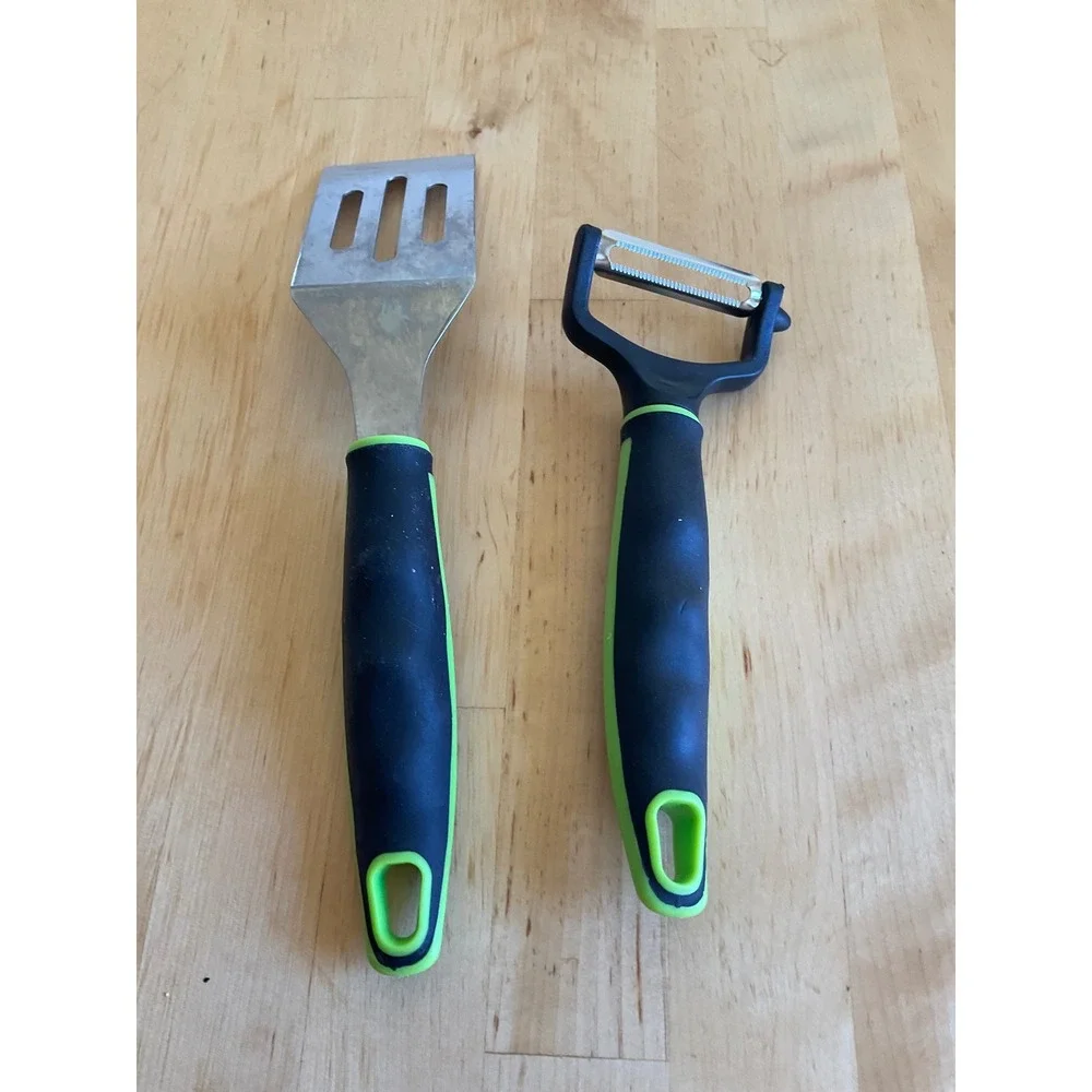 Kitchen Tool Set Slotted Spatula Turner and Serrated Y Peeler Black Lime Green